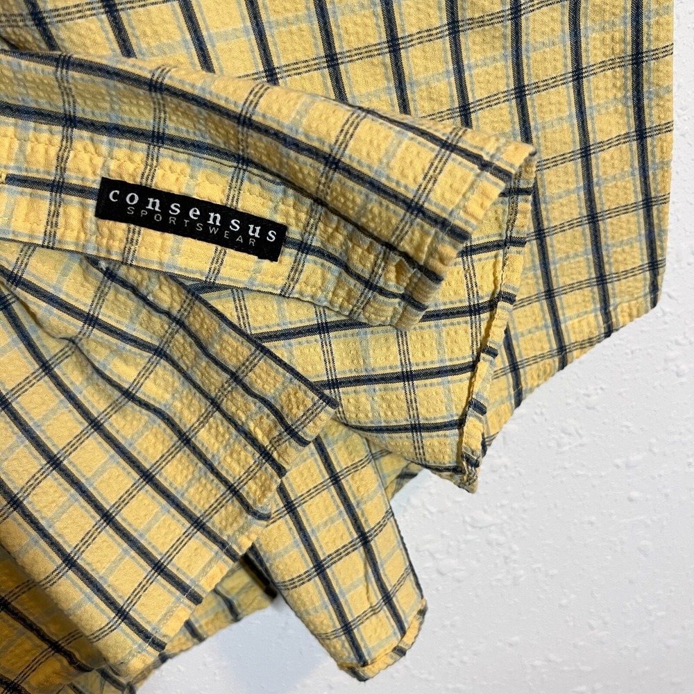 Consensus Sportswear Mens XL Yellow Blue Plaid Short Sleeve Button Up Shirt - Picture 5 of 6